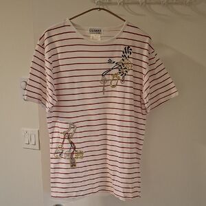 Vintage White Red Striped Short Sleeve Tee with Nautical Charm Embroidery